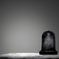 A solitary, weathered gravestone against a dark and minimalist backdrop