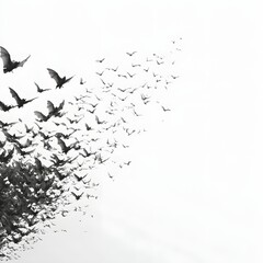 A dramatic swarm of bats in flight against a clean, white background