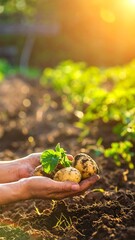Hands holding fresh potatoes from the garden