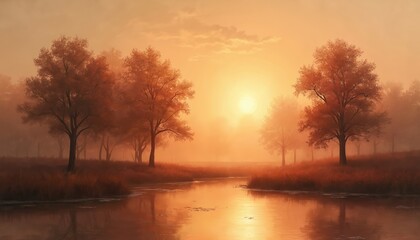 Warm orange sunset over calm river, silhouetted trees, fields of grass. Misty atmosphere, golden light create serene, vintage landscape. Perfect for nature scenes, autumn themes, peaceful backgrounds.