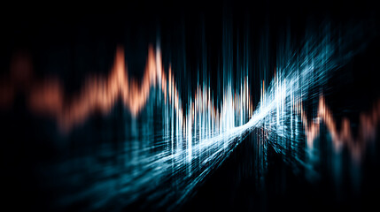 Abstract digital waveform visualization with glowing blue and orange peaks on a dark background