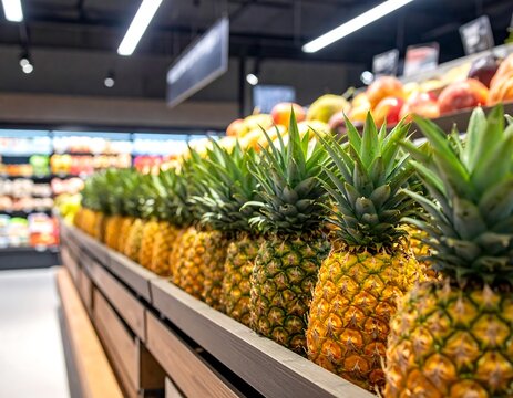 Fresh pineapples displayed on wooden shelves in supermarket