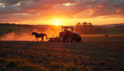 Fototapeta premium Red tractor plows field at sunset. Horse grazes nearby in rural landscape. Dust swirls in golden evening light, creating pastoral scene of farming and nature work.