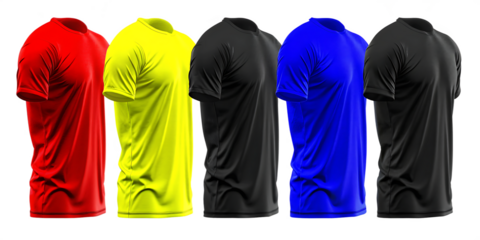 Five t shirts red yellow blue isolated on a transparent background t-shirt apparel