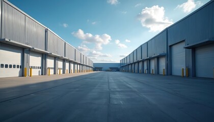Obraz premium Industrial warehouse exteriors with multiple rolling garage doors under bright blue sky with scattered clouds. Symmetrical modern architecture of large buildings, empty concrete lot suggest