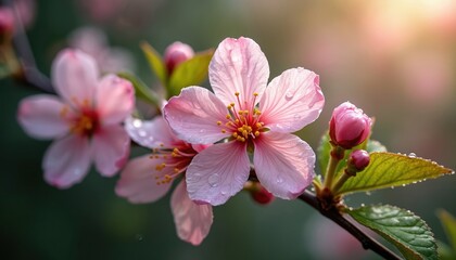 Fototapeta premium Macro shot of pink cherry blossoms with fresh water droplets. Delicate petals, vibrant colors, and green leaves signal spring renewal. Soft bokeh background with warm sunlight.
