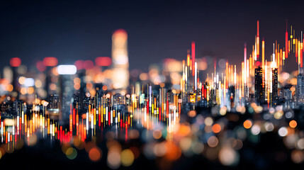 Nighttime cityscape with illuminated buildings and overlaid financial candlestick chart