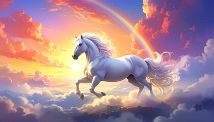 Majestic white horse soaring through clouds at sunrise