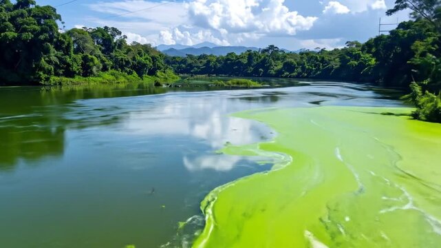 Scenic River with Green Algae Bloom Surrounded by Lush Tropical Forest Under Cloudy Sky Landscape With Clear Reflection