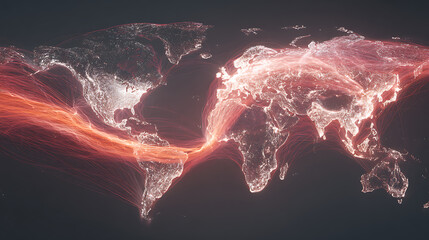 Global network visualization showing interconnected data flows across continents with glowing red and orange pathways