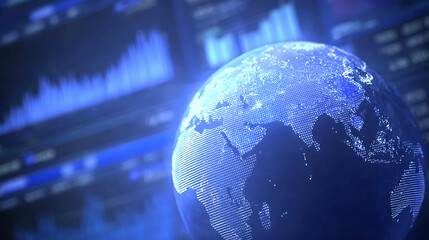 Digital globe with global data visualization and financial charts in background