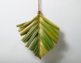 a high resolution ultra sharp isolated wind chime handcrafted from palm leaf placed on a pure white background with no shadow or minimal soft shadows only