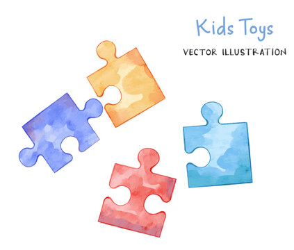 Watercolor Puzzle Piece Vector Set. Kids toys illustration for creative design.