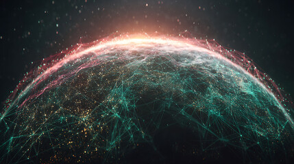 Digital network overlay on a planet with glowing connections and cosmic background