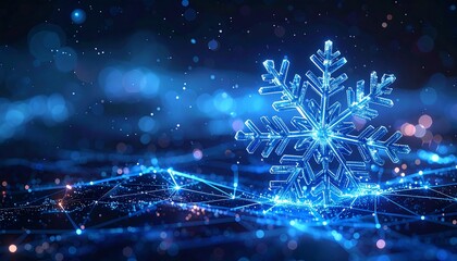 Glowing crystal snowflake above city lights