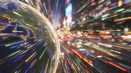 Digital globe with glowing data streams and cityscape background