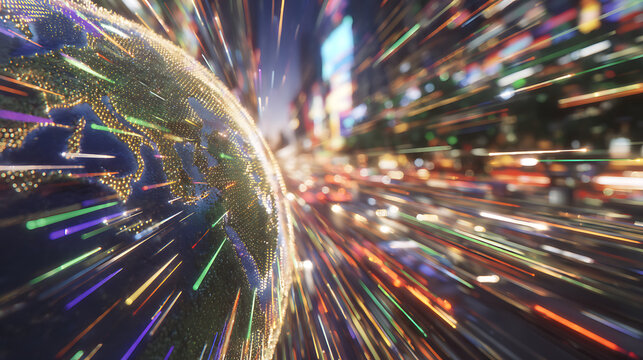 Digital globe with glowing data streams and cityscape background