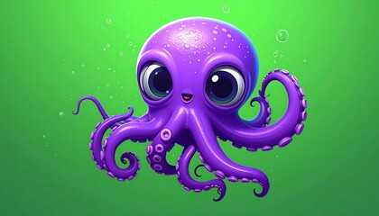 Adorable purple octopus, big eyes, smiling