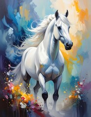 Majestic white horse, vibrant colors, dynamic pose