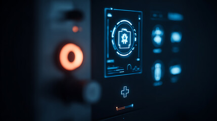 Digital interface displaying a circuit board icon with glowing blue elements and a red circular light in a dark environment