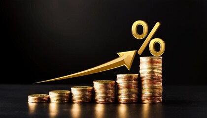 golden arrow pointing up with percentage sign and stacks of coins on a black surface plain background