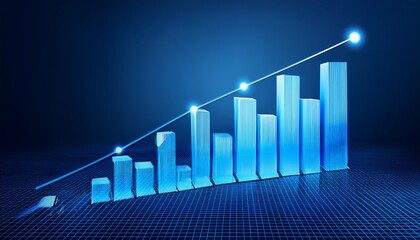 a blue graph with bars and a line showing an upward trend on a dark blue platform isolated