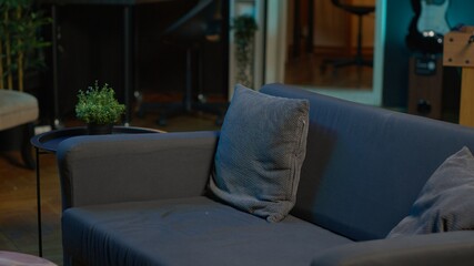 Contemporary apartment with modern indoor plants and neon lights creating a cozy casual living room with a smart tv and comfortable setup. Empty studio loft with trendy furniture.