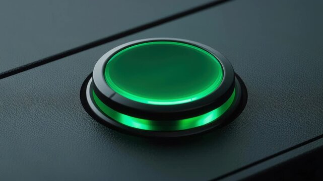 Green illuminated glowing round button on black textured surface with modern technology control and sleek interface design close up view