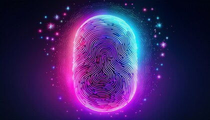 glowing neon fingerprint with purple pink and blue hues surrounded by sparkling stars on a dark gradient background concept of digital identity ai generative