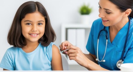 young girl in blue shirt receiving vaccination from smiling nurse in medical clinic. national immunization awareness month. healthcare, pediatric care, vaccination programs.