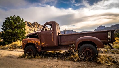 Fototapeta premium Rusty truck in a desert landscape
