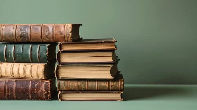 Stacked Antique Books With Worn Covers Against Green Background In Flat Lighting Style For Adobe Stock