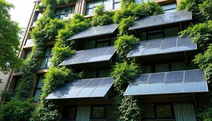 Fototapeta premium Ivy-covered solar panels integrated into building facade. Urban green energy system combines photovoltaic tech with plant growth. Sustainable architecture promotes renewable power generation,