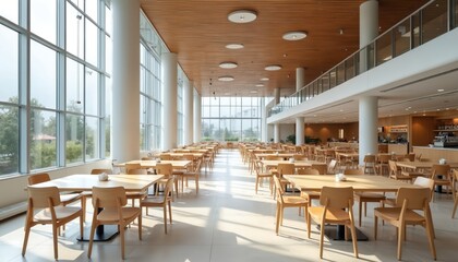Modern cafeteria interior featuring rows of empty wooden tables, chairs under slatted wood ceiling. Large windows offer natural light, creating bright, spacious atmosphere ideal for dining, studying,