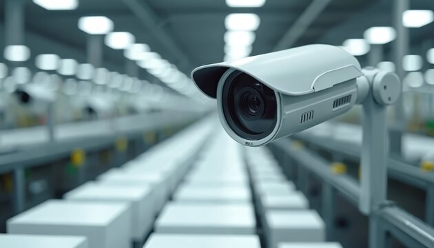 Modern surveillance camera mounted in a high-tech factory setting. The device captures detailed images for security and monitoring. Focus on industrial automation, AI, and production process control. - Powered by Adobe