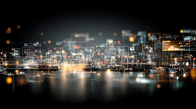 Digital cityscape with glowing data networks and futuristic urban skyline at night