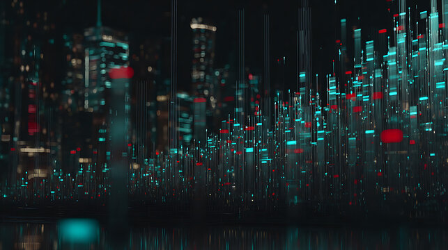 Digital cityscape at night with glowing data streams and futuristic urban skyline