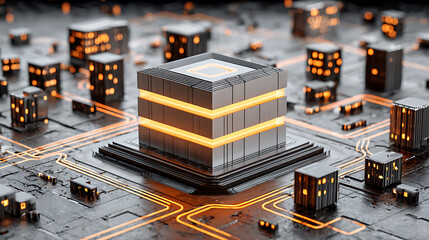 Futuristic microchip with glowing circuitry and illuminated cityscape in a high-tech environment