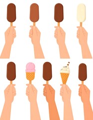 Hands holding various ice cream treats