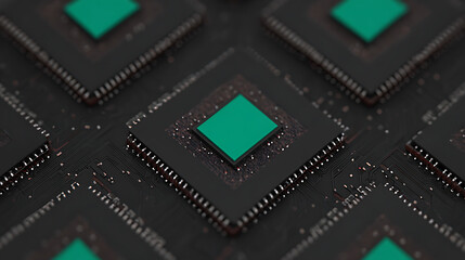 Close-up view of integrated circuit chips with green central components on a dark substrate