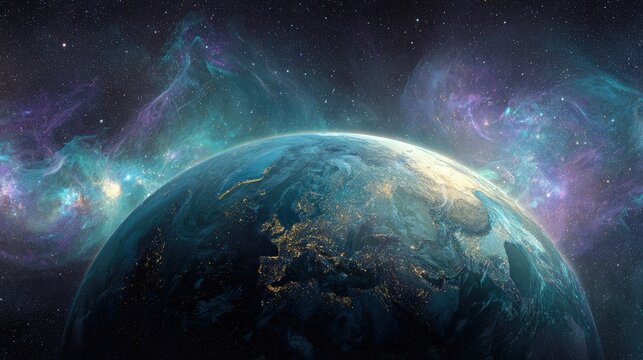 Earth Viewed From Outer Space With Nebula Background