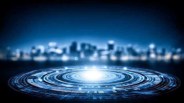 Futuristic digital interface with glowing circular HUD over blurred cityscape at night