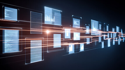 Digital data flow visualization with glowing panels and streaming information on a dark background