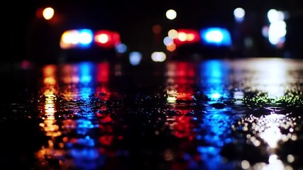Police Lights Reflecting on Wet Pavement at Night, Emergency Services Footage