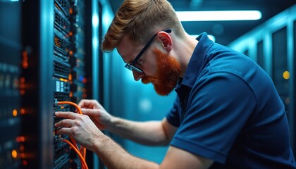 Technician works with networking hardware in server room. Man connects ethernet cables, configures system. Focus on infrastructure, data management, connectivity solutions for efficient network
