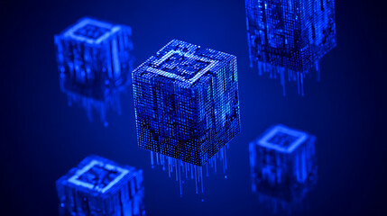 Digital cubes composed of glowing blue data streams floating in a dark space