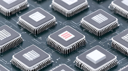 Close-up view of integrated circuit chips on a printed circuit board with one chip displaying binary code