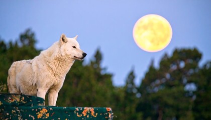 Majestic white wolf at dawn, moonlit forest