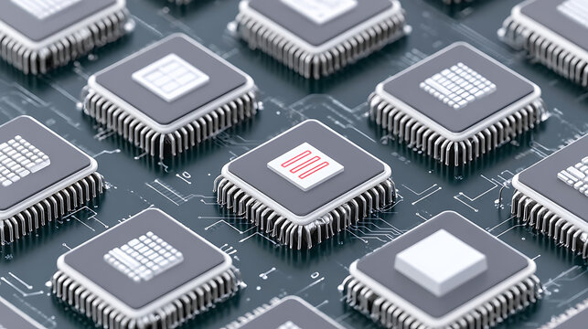 Close-up view of integrated circuit chips on a printed circuit board with one chip displaying binary code