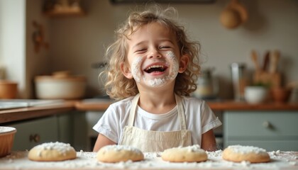 Young girl with flour on face laughs while baking cookies. She wears an apron in kitchen, enjoying childhood fun. Sweet dough, baking process. Family activity, learning cooking skills, home joy.